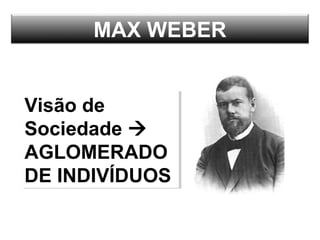 MAX WEBER
Visão de
Sociedade 
AGLOMERADO
DE INDIVÍDUOS
Visão de
Sociedade 
AGLOMERADO
DE INDIVÍDUOS
 