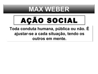 MAX WEBER
Toda conduta humana, pública ou não. É
ajustar-se a cada situação, tendo os
outros em mente.
Toda conduta humana, pública ou não. É
ajustar-se a cada situação, tendo os
outros em mente.
AÇÃO SOCIAL
 