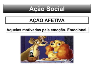 Ação Social
AÇÃO AFETIVA
Aquelas motivadas pela emoção. Emocional.Aquelas motivadas pela emoção. Emocional.
 