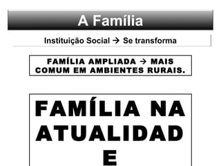 A Família
Instituição Social  Se transformaInstituição Social  Se transforma
FAMÍLIA AMPLIADA  MAIS
COMUM EM AMBIENTES RURAIS.
FAMÍLIA NA
ATUALIDAD
E
 