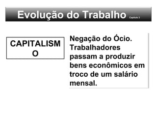 Evolução do Trabalho Capitulo 3
CAPITALISM
O
Negação do Ócio.
Trabalhadores
passam a produzir
bens econômicos em
troco de um salário
mensal.
Negação do Ócio.
Trabalhadores
passam a produzir
bens econômicos em
troco de um salário
mensal.
 