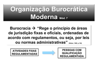 Organização Burocrática
Moderna Mód. 7
Burocracia  “Rege o princípio de áreas
de jurisdição fixas e oficiais, ordenadas de
acordo com regulamentos, ou seja, por leis
ou normas administrativas” (Weber, 1999. p.138)
Burocracia  “Rege o princípio de áreas
de jurisdição fixas e oficiais, ordenadas de
acordo com regulamentos, ou seja, por leis
ou normas administrativas” (Weber, 1999. p.138)
ATIVIDADES FIXAS
REGULAMENTADAS
PESSOAS COM
QUALIFICAÇÃO
REGULAMENTADA
 