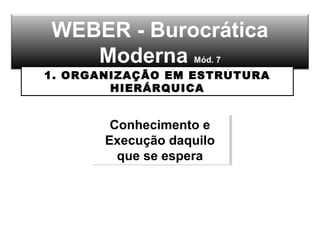 WEBER - Burocrática
Moderna Mód. 7
1. ORGANIZAÇÃO EM ESTRUTURA
HIERÁRQUICA
Conhecimento e
Execução daquilo
que se espera
Conhecimento e
Execução daquilo
que se espera
 