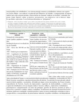 Sociologia - 3a série - Volume 2
atuaçãopolítica dos trabalhadores, esse sistema protegia somente os trabalhadores urbanos com registro
em carteira, filiados a um sindicato reconhecido pelo Ministério do Trabalho. A obrigatoriedade do imposto
sindical para cada categoria permitiu o florescimento do chamado “sindicato de fachada”,controlado por
pessoas sempre dispostas a apoiar as iniciativas governamentais, sem compromisso com os interesses daque-
les que diziam representar. Aesse fenômenodenominou-se “peleguismo”1.
1. Peleguismo deriva da palavra “pelego”, que se refere a um pedaço de lã de carneiro colocado entre a sela e o lombo
do cavalo, tornando a cavalgada mais confortável parao homem e o animal. O termo passaa ser usado parasereferir
ao dirigente sindical que atua de modo a “amortecer”a luta entretrabalhadores, empresários e Estado. Dessamaneira,
age em detrimento dos interesses da classe que representa, tornando-seumbeneficiário do sistema, mais próximo dos
interesses do empresariado e do Estado, colaborando no controle da classe trabalhadora.
23
Era Nacional-Desenvolvimentista (1945-1964)
Trabalhadores, operários e
sindicatos
Proprietários rurais,
empregadores e industriais
Estado
Formação de vários partidos.
Apoio à política populista e naciona-
lista.
Realização de grevesà revelia da Jus-
tiça do Trabalho.
1953 – Greve dos 300 Mil em São
Paulo.
1954 – Onda de grevesimportantes.
1955 – Legalização da Sociedade
Agrícola e Pecuária dos Plantadores
de Pernambuco (SAPPP),que havia
sido criada no ano anterior no Enge-
nho Galileia e logo conhecida como
Liga Camponesa.
1962 – Organização do Comando
Geraldos Trabalhadores (CGT).
1963 – Fundação em 22/12da Confe-
deraçãodos Trabalhadores na Agri-
cultura (CONTAG), reconhecida
oficialmente em31/01/1964.
Formaçãode vários partidos.
Apoio à política do governo
por parte do empresariado e
da intelectualidade que perten
-
ciam aossetoresnacionalistas.
Oposição à política do go-
verno por parte de militares
anticomunistas e do empre-
sariado brasileiro ligado ao
capital internacional, de
orientaçãoliberal.
1962 – Fundação do Instituto
de Pesquisas e EstudosSociai
s
(IPES) por empresários do
Rio de Janeiro e de São Paulo,
que lutavam contra o comu-
nismo e pela preservaçãoda
sociedade capitalista.
Greves só eram autorizadas pela Justiça
do Trabalho.
1945 – Convocaçãode eleições presiden-
ciais e legislativas.
1946 – Promulgação de nova Constitui-
ção. Um de seus artigos permite a desa-
propriaçãode terras mediante indenizaçã
o
prévia emdinheiro, o que limitava, na prá-
tica, asdesapropriações.
1946 -1950– Intervençãonos sindicatos,
proibição de greves,paralisações,comí-
cios e manifestações.
1963 – Criação do Estatutodo Trabalha-
dor Rural.
1964 – Decretode João Goulart declara
como terraspúblicas as faixascircundan
-
tesde rodovias federais,ferroviase açude
s.
1964 – Golpe militar institui um regime
de exceção,suprimindo direitos sociais e
políticos.
Após a derrubada de Vargase a convocaçãode eleições presidenciais e legislativas em dezembro de 1945, o
Brasil vivenciou sua primeira experiência democrática da história. Esse período foi marcado pela radicali-
zação do ideário populista e nacionalista, defendido por alguns setores nacionalistas das ForçasArmadas,
especialmente do Exército, facções do empresariado e segmentos da intelectualidade, e contava com
o apoio dos trabalhadores e de sua máquina sindical. Governo, militares, empresários e trabalhadores
posicionaram-se antagonicamente em torno das principais questões de interesse nacional na época: a
Guerra Fria, o petróleoe a política sindical e trabalhista. Osdefensores do chamado Nacional-Desenvolvi-
mentismo apoiavam o monopólio estataldo petróleo e outros recursos considerados estratégicos,como a
energia elétrica, e erampartidários do protecionismo industrial, da política trabalhista e da independência
 