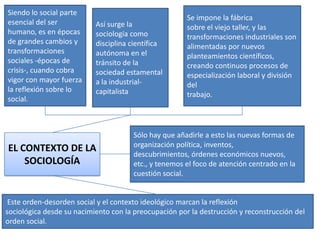 Siendo lo social parte
esencial del ser
humano, es en épocas
de grandes cambios y
transformaciones
sociales -épocas de
crisis-, cuando cobra
vigor con mayor fuerza
la reflexión sobre lo
social.

Así surge la
sociología como
disciplina científica
autónoma en el
tránsito de la
sociedad estamental
a la industrialcapitalista

EL CONTEXTO DE LA
SOCIOLOGÍA

Se impone la fábrica
sobre el viejo taller, y las
transformaciones industriales son
alimentadas por nuevos
planteamientos científicos,
creando continuos procesos de
especialización laboral y división
del
trabajo.

Sólo hay que añadirle a esto las nuevas formas de
organización política, inventos,
descubrimientos, órdenes económicos nuevos,
etc., y tenemos el foco de atención centrado en la
cuestión social.

Este orden-desorden social y el contexto ideológico marcan la reflexión
sociológica desde su nacimiento con la preocupación por la destrucción y reconstrucción del
orden social.

 