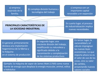 a) empresa
separada de la
familia;

b) compleja división humana y
tecnológica del trabajo

PRINCIPALES CARACTERÍSTICAS DE
LA SOCIEDAD INDUSTRIAL

En general, primeramente
destaca una implantación
hegemónica de la fábrica y
la máquina
en el sistema de producción

c) empresa con un
importante capital
renovable y en expansión

En cuarto lugar, el proceso
de industrialización implica
nuevas necesidades.

En segundo lugar, una
creciente división del trabajo,
modificando su naturaleza y
significado debido a la
mecanización y complejización
de los sistemas productivos

Ejemplo: la máquina de vapor de James Watt (1769) como nueva
fuente de energía que desplaza la energía muscular, animal, eólica
e hidráulica

En tercer lugar, la
racionalidad y el
cálculo impregnan
las nuevas leyes
económicas. Lo que
importa ahora no es
el valor de uso de las
cosas, sino su valor
de cambio,
proyectando nuevos
valores sociales

 