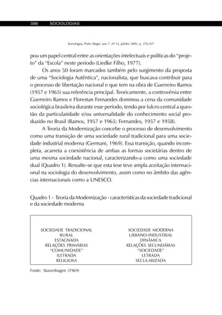 386 SOCIOLOGIAS
Sociologias, Porto Alegre, ano 7, nº 14, jul/dez 2005, p. 376-437
pou um papel central entre as orientações intelectuais e políticas do “proje-
to” da “Escola” neste período (Liedke Filho, 1977).
Os anos 50 foram marcados também pelo surgimento da proposta
de uma “Sociologia Autêntica”, nacionalista, que buscava contribuir para
o processo de libertação nacional e que tem na obra de Guerreiro Ramos
(1957 e 1965) sua referência principal. Teoricamente, a controvérsia entre
Guerreiro Ramos e Florestan Fernandes dominou a cena da comunidade
sociológica brasileira durante esse período, tendo por fulcro central a ques-
tão da particularidade e/ou universalidade do conhecimento social pro-
duzido no Brasil (Ramos, 1957 e 1965; Fernandes, 1957 e 1958).
A Teoria da Modernização concebe o processo de desenvolvimento
como uma transição de uma sociedade rural tradicional para uma socie-
dade industrial moderna (Germani, 1969). Essa transição, quando incom-
pleta, acarreta a coexistência de ambas as formas societárias dentro de
uma mesma sociedade nacional, caracterizando-a como uma sociedade
dual (Quadro 1). Ressalte-se que esta tese teve ampla aceitação internaci-
onal na sociologia do desenvolvimento, assim como no âmbito das agên-
cias internacionais como a UNESCO.
Quadro 1 - Teoria da Modernização - características da sociedade tradicional
e da sociedade moderna
SOCIEDADE TRADICIONAL
RURAL
ESTAGNADA
RELAÇÕES PRIMÁRIAS
“COMUNIDADE”
ILETRADA
RELIGIOSA
SOCIEDADE MODERNA
URBANO-INDUSTRIAL
DINÂMICA
RELAÇÕES SECUNDÁRIAS
“SOCIEDADE”
LETRADA
SECULARIZADA
Fonte: Stavenhagen (1969)
 