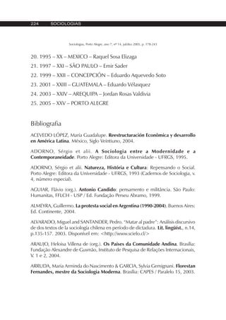 224 SOCIOLOGIAS
Sociologias, Porto Alegre, ano 7, nº 14, jul/dez 2005, p. 178-243
20. 1995 – XX – MEXICO – Raquel Sosa Elizaga
21. 1997 – XXI – SÃO PAULO – Emir Sader
22. 1999 – XXII – CONCEPCIÓN – Eduardo Aquevedo Soto
23. 2001 – XXIII – GUATEMALA – Eduardo Vélasquez
24. 2003 – XXIV – AREQUIPA – Jordan Rosas Valdivia
25. 2005 – XXV – PORTO ALEGRE
Bibliografia
ACEVEDO LÓPEZ, María Guadalupe. Reestructuración Econômica y desarrollo
en América Latina. México, Siglo Veintiuno, 2004.
ADORNO, Sérgio et alii. A Sociologia entre a Modernidade e a
Contemporaneidade. Porto Alegre: Editora da Universidade - UFRGS, 1995.
ADORNO, Sérgio et alii. Natureza, História e Cultura: Repensando o Social.
Porto Alegre: Editora da Universidade - UFRGS, 1993 (Cadernos de Sociologia, v.
4, número especial).
AGUIAR, Flávio (org.). Antonio Candido: pensamento e militância. São Paulo:
Humanitas, FFLCH - USP / Ed. Fundação Perseu Abramo, 1999.
ALMEYRA, Guillermo. La protesta social en Argentina (1990-2004). Buenos Aires:
Ed. Continente, 2004.
ALVARADO, Miguel and SANTANDER, Pedro. “Matar al padre”: Análisis discursivo
de dos textos de la sociología chilena en período de dictadura. Lit. lingüíst., n.14,
p.135-157. 2003. Disponível em: <http://www.scielo.cl/>
ARAUJO, Heloisa Villena de (org.). Os Países da Comunidade Andina. Brasília:
Fundação Alexandre de Gusmão, Instituto de Pesquisa de Relações Internacionais,
V. 1 e 2, 2004.
ARRUDA, Maria Arminda do Nascimento & GARCIA, Sylvia Gemignani. Florestan
Fernandes, mestre da Sociologia Moderna. Brasília: CAPES / Paralelo 15, 2003.
 