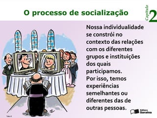Capítulo
         O processo de socialização
                        Nossa individualidade
                                                       2
                        se constrói no
                        contexto das relações
                        com os diferentes
                        grupos e instituições
                        dos quais
                        participamos.
                        Por isso, temos
                        experiências
                        semelhantes ou
                        diferentes das de
                        outras pessoas.
Tako X
 