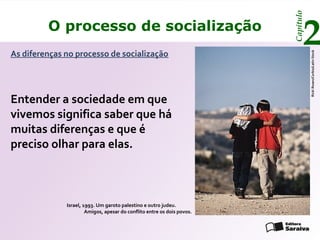 Capítulo
         O processo de socialização
As diferenças no processo de socialização
                                                                                2




                                                                                    Ricki Rosen/Corbis/Latin Stock
Entender a sociedade em que
vivemos significa saber que há
muitas diferenças e que é
preciso olhar para elas.



              Israel, 1993. Um garoto palestino e outro judeu.
                       Amigos, apesar do conflito entre os dois povos.
 