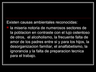 Existen causas ambientales reconocidas:
 la miseria notoria de numerosos sectores de
  la poblacion en contraste con el lujo ostentoso
  de otros, el alcoholismo, la frecuente falta de
  amor de los padres entre si y para los hijos, la
  desorganizacion familiar, el analfabetismo, la
  ignorancia y la falta de preparacion tecnica
  para el trabajo.
 