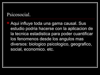 Psicosocial.
   Aqui influye toda una gama causal. Sus
    estudio podria hacerse con la aplicacion de
    la tecnica estadistica para poder cuantificar
    los fenomenos desde los angulos mas
    diversos: biologico psicologico, geografico,
    social, economico. etc.
 