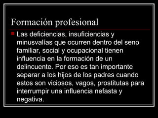 Formación profesional
   Las deficiencias, insuficiencias y
    minusvalías que ocurren dentro del seno
    familiar, social y ocupacional tienen
    influencia en la formación de un
    delincuente. Por eso es tan importante
    separar a los hijos de los padres cuando
    estos son viciosos, vagos, prostitutas para
    interrumpir una influencia nefasta y
    negativa.
 