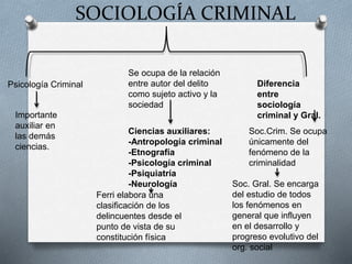 SOCIOLOGÍA CRIMINAL
Psicología Criminal
Importante
auxiliar en
las demás
ciencias.
Se ocupa de la relación
entre autor del delito
como sujeto activo y la
sociedad
Ciencias auxiliares:
-Antropología criminal
-Etnografía
-Psicología criminal
-Psiquiatría
-Neurología
Ferri elabora una
clasificación de los
delincuentes desde el
punto de vista de su
constitución física
Diferencia
entre
sociología
criminal y Gral.
Soc.Crim. Se ocupa
únicamente del
fenómeno de la
criminalidad
Soc. Gral. Se encarga
del estudio de todos
los fenómenos en
general que influyen
en el desarrollo y
progreso evolutivo del
org. social
 