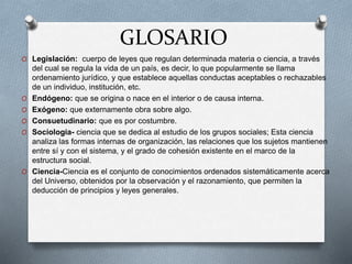 GLOSARIO
O Legislación: cuerpo de leyes que regulan determinada materia o ciencia, a través
del cual se regula la vida de un país, es decir, lo que popularmente se llama
ordenamiento jurídico, y que establece aquellas conductas aceptables o rechazables
de un individuo, institución, etc.
O Endógeno: que se origina o nace en el interior o de causa interna.
O Exógeno: que externamente obra sobre algo.
O Consuetudinario: que es por costumbre.
O Sociologia- ciencia que se dedica al estudio de los grupos sociales; Esta ciencia
analiza las formas internas de organización, las relaciones que los sujetos mantienen
entre sí y con el sistema, y el grado de cohesión existente en el marco de la
estructura social.
O Ciencia-Ciencia es el conjunto de conocimientos ordenados sistemáticamente acerca
del Universo, obtenidos por la observación y el razonamiento, que permiten la
deducción de principios y leyes generales.
 