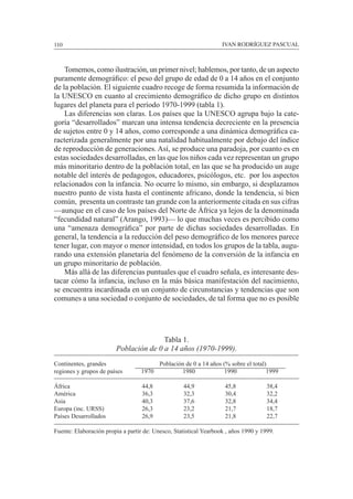 110						 IVAN RODRÍGUEZ PASCUAL
	 Tomemos, como ilustración, un primer nivel; hablemos, por tanto, de un aspecto
puramente demográfico: el peso del grupo de edad de 0 a 14 años en el conjunto
de la población. El siguiente cuadro recoge de forma resumida la información de
la UNESCO en cuanto al crecimiento demográfico de dicho grupo en distintos
lugares del planeta para el período 1970-1999 (tabla 1).
	 Las diferencias son claras. Los países que la UNESCO agrupa bajo la cate-
goría “desarrollados” marcan una intensa tendencia decreciente en la presencia
de sujetos entre 0 y 14 años, como corresponde a una dinámica demográfica ca-
racterizada generalmente por una natalidad habitualmente por debajo del índice
de reproducción de generaciones. Así, se produce una paradoja, por cuanto es en
estas sociedades desarrolladas, en las que los niños cada vez representan un grupo
más minoritario dentro de la población total, en las que se ha producido un auge
notable del interés de pedagogos, educadores, psicólogos, etc. por los aspectos
relacionados con la infancia. No ocurre lo mismo, sin embargo, si desplazamos
nuestro punto de vista hasta el continente africano, donde la tendencia, si bien
común, presenta un contraste tan grande con la anteriormente citada en sus cifras
—aunque en el caso de los países del Norte de África ya lejos de la denominada
“fecundidad natural” (Arango, 1993)— lo que muchas veces es percibido como
una “amenaza demográfica” por parte de dichas sociedades desarrolladas. En
general, la tendencia a la reducción del peso demográfico de los menores parece
tener lugar, con mayor o menor intensidad, en todos los grupos de la tabla, augu-
rando una extensión planetaria del fenómeno de la conversión de la infancia en
un grupo minoritario de población.
	 Más allá de las diferencias puntuales que el cuadro señala, es interesante des-
tacar cómo la infancia, incluso en la más básica manifestación del nacimiento,
se encuentra incardinada en un conjunto de circunstancias y tendencias que son
comunes a una sociedad o conjunto de sociedades, de tal forma que no es posible
Tabla 1.
Población de 0 a 14 años (1970-1999).
		
Continentes, grandes 	 Población de 0 a 14 años (% sobre el total)
regiones y grupos de países	 1970	 1980	 1990	 1999
	
África	 44,8	 44,9	 45,8	 38,4
América	 36,3	 32,3	 30,4	 32,2
Asia	 40,3	 37,6	 32,8	 34,4
Europa (inc. URSS)	 26,3	 23,2	 21,7	 18,7	
Países Desarrollados	 26,9	 23,5	 21,8	 22,7
Fuente: Elaboración propia a partir de: Unesco, Statistical Yearbook , años 1990 y 1999.
 