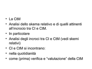 • La CtM
• Analisi dello skema relativo e di quelli attinenti
  all’incrocio tra CI e CtM.
• In particolare
• Analisi degli incroci tra CI e CtM (vedi skemi
  relativi)
• CI e CtM si incontrano:
• nella quotidianità
• come (prima) verifica e “valutazione” della CtM
 