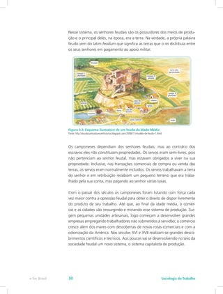 Nesse sistema, os senhores feudais são os possuidores dos meios de produ-
ção e o principal deles, na época, era a terra. Na verdade, a própria palavra
feudo vem do latim feodum que significa as terras que o rei distribuía entre
os seus senhores em pagamento ao apoio militar.
Figura 3.3: Esquema ilustrativo de um feudo da Idade Média
Fonte: http://escolasantosdumonthistoria.blogspot.com/2008/11/modelo-de-feudo-1.html
Os camponeses dependiam dos senhores feudais, mas ao contrário dos
escravos eles não constituíam propriedades. Os servos eram semi-livres, pois
não pertenciam ao senhor feudal, mas estavam obrigados a viver na sua
propriedade. Inclusive, nas transações comerciais de compra ou venda das
terras, os servos eram normalmente incluídos. Os servos trabalhavam a terra
do senhor e em retribuição recebiam um pequeno terreno que era traba-
lhado pela sua conta, mas pagando ao senhor várias taxas.
Com o passar dos séculos os camponeses foram lutando com força cada
vez maior contra a opressão feudal para obter o direito de dispor livremente
do produto de seu trabalho. Até que, ao final da idade média, o comér-
cio e as cidades vão ressurgindo e minando esse sistema de produção. Sur-
gem pequenas unidades artesanais, logo começam a desenvolver grandes
empresas empregando trabalhadores não submetidos à servidão; o comércio
cresce além dos mares com descobertas de novas rotas comerciais e com a
colonização da América. Nos séculos XVI e XVII realizam-se grandes desco-
brimentos científicos e técnicos. Aos poucos vai se desenvolvendo no seio da
sociedade feudal um novo sistema, o sistema capitalista de produção.
e-Tec Brasil Sociologia do Trabalho30
 