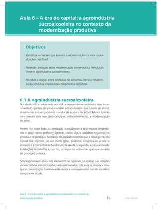 e-Tec Brasil
Aula 6 – A era do capital: a agroindústria 	
		 sucroalcooleira no contexto da 	
		 modernização produtiva
Objetivos
Identificar os fatores que levaram à modernização do setor sucro-
alcooleiro no Brasil.
Entender a relação entre modernização conservadora, Revolução
Verde e agroindústria sucroalcooleira.
Perceber a relação entre produção de alimentos, fome e moderni-
zação produtiva imposta pela hegemonia do capital.
6.1 A agroindústria sucroalcooleira
No século XX e, sobretudo no XXI, a agroindústria canavieira tem expe-
rimentado ganhos de produtividade extraordinários que fazem do Brasil,
atualmente, o maior produtor mundial de açúcar e de álcool. Muitos fatores
concorreram para isso destacando-se, indiscutivelmente, a modernização
do setor.
Porém, há outro lado da produção sucroalcooleira que muitos empresá-
rios e governantes preferem ignorar. Como alguns aspectos negativos na
estrutura de produção herdados do passado e outros que a nova gestão do
capital tem imposto. De um modo geral, podemos simplificá-los a três: o
primeiro é a concentração fundiária e de renda, o segundo, está relacionado
às relações de trabalho e, por fim, os impactos ambientais que esse modelo
de produção provoca.
Sociologicamente esses três elementos se explicam na análise das relações
socioeconômicas entre capital, campo e trabalho. Esta aula se propõe a ana-
lisar a concentração fundiária e de renda e sua repercussão na vida social no
campo e na cidade.
e-Tec Brasil51
Aula 6 - A era do capital: a agroindústria sucroalcooleira no contexto da
modernização produtiva
 