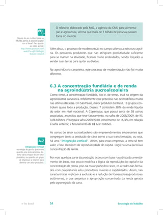 O relatório elaborado pela FAO, a agência da ONU para alimenta-
ção e agricultura, afirma que mais de 1 bilhão de pessoas passam
fome no mundo.
Além disso, o processo de modernização no campo alterou a estrutura agrá-
ria. Os pequenos produtores que não atingiram produtividade suficiente
para se manter na atividade, ficaram muito endividados, sendo forçados a
vender suas terras para quitar as dívidas.
Na agroindústria canavieira, este processo de modernização não foi muito
diferente.
6.3 A concentração fundiária e de renda 	
na agroindústria sucroalcooleira
Como vimos a concentração fundiária, isto é, de terras, está na origem da
agroindústria canavieira. Infelizmente esse processo não se modificou muito
nas últimas décadas. Em São Paulo, maior produtor do Brasil, 18 grupos con-
trolam quase toda a produção. Desses, 7 controlam 38% da renda líquida
do setor em nível nacional. A Copersucar, que possuí cerca de 38 usinas
associadas, anunciou que teve faturamento, na safra de 2008/2009, de R$
4,86 bilhões. Prevê para safra 2009/2010, crescimento de 16,4% em relação
à safra anterior, e faturamento de R$ 6,61 bilhões.
As usinas do setor sucroalcooleiro são empreendimentos empresariais que
congregam tanto a produção de cana como a sua transformação, ou seja,
há uma “integração vertical”. Assim, para essas empresas, a terra só tem
valor, como elemento de reprodutividade do capital. Logo há uma excessiva
concentração de renda.
Por mais que boa parte da produção ocorra com base na prática do arrenda-
mento de áreas, isso pouco modifica a lógica da reprodução do capital e da
concentração de renda, pois na maior parte dos casos, os acordos são fecha-
dos com proprietários e/ou produtores maiores e capitalizados. Assim, tais
características implicam a exclusão e a redução de fornecedores/produtores
autônomos, o que perpetua a apropriação concentrada da renda gerada
pelo agronegócio da cana.
Depois de ver o vídeo Fome no
Mundo, pense, é possível acabar
com a fome? Para assistir
ao vídeo acesse:
http://www.youtube.com/
watch?v=glh1hbflvjy&
feature=related
integração vertical
estratégia de gestão que ocorre
quando uma única empresa do-
mina várias etapas de um setor
produtivo, ou quando um grupo
de empresas se reúnem para
dominar um setor produtivo.
e-Tec Brasil Sociologia do Trabalho54
 