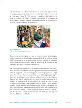 não tecnificado, a se submeter a trabalhos de assalariamento temporários
e, muitas vezes, sem condições mínimas de seguridade social. Por mais que
a Constituição Federal de 1988 assegure a igualdade entre trabalhadores
urbanos e rurais (FGTS, INSS e Seguro Desemprego), os empregadores
encontraram a saída dos encargos sociais pela realização de contratos tem-
porários, prestação de serviços, entre outros.
Figura 7.3: Boia-fria
Fonte: http://www.infoescola.com/geografia/boias-frias/
Desse modo, o que se percebe é que as mesmas práticas utilizadas pela
indústria fabril vêm sendo utilizadas na agroindústria da cana. Isto se verifica
na grande utilização de contratos temporários, no emprego de máquinas
e na redução da mão-de-obra e ainda na terceirização da contratação dos
trabalhadores com os chamados intermediários.
Em muitos casos a modernização do setor sucroalcooleiro não tem signifi-
cado melhorias para o trabalhador, mas gera o aumento da lucratividade do
setor. O progresso científico-tecnológico que deveria proporcionar tempo
disponível para o ser humano, no entanto, ao ser utilizado pelo sistema pro-
dutor de mercadorias, tende a submeter o homem ao tempo da máquina,
fazendo com que ele trabalhe mais em menos tempo. Exemplo disso dá-se
quando na implementação da mecanização do plantio da cana, em que
houve uma intensificação da jornada e do ritmo de trabalho. O uso de cami-
nhões e tratores aumenta o ritmo da atividade. Alguns trabalhadores, em
cima dos caminhões, arremessam canas ao solo, outros vêm correndo atrás
dos caminhões, cortam a cana e as colocam no sulco aberto na prepara-
ção do solo, depois são cobertos e adubados pelo trator que vem logo em
seguida. O trabalho é estafante.
e-Tec Brasil63Aula 7 - As relações de trabalho e as questões ambientais na agroindústria canavieira
 
