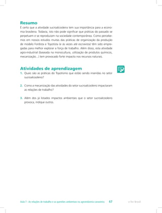 Resumo
É certo que a atividade sucroalcooleira tem sua importância para a econo-
mia brasileira. Todavia, isto não pode significar que práticas do passado se
perpetuem e se reproduzam na sociedade contemporânea. Como percebe-
mos em nossos estudos muitas das práticas de organização da produção
de modelo Fordista e Toyotista (e às vezes até escravista) têm sido empre-
gadas para melhor explorar a força de trabalho. Além disso, esta atividade
agro-industrial (baseada na monocultura, utilização de produtos químicos,
mecanização...) tem provocado forte impacto nos recursos naturais.
Atividades de aprendizagem
1.	 Quais são as práticas do Toyotismo que estão sendo inseridas no setor
sucroalcooleiro?
2.	 Como a mecanização das atividades do setor sucroalcooleiro impactaram
as relações de trabalho?
3.	 Além dos já listados impactos ambientais que o setor sucroalcooleiro
provoca, indique outros.
e-Tec Brasil67Aula 7 - As relações de trabalho e as questões ambientais na agroindústria canavieira
 