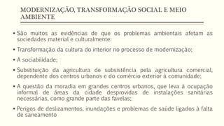 MODERNIZAÇÃO, TRANSFORMAÇÃO SOCIAL E MEIO
AMBIENTE
 São muitos as evidências de que os problemas ambientais afetam as
sociedades material e culturalmente:
 Transformação da cultura do interior no processo de modernização;
 A sociabilidade;
 Substituição da agricultura de subsistência pela agricultura comercial,
dependente dos centros urbanos e do comércio exterior à comunidade;
 A questão da moradia em grandes centros urbanos, que leva à ocupação
informal de áreas da cidade desprovidas de instalações sanitárias
necessárias, como grande parte das favelas;
 Perigos de deslizamentos, inundações e problemas de saúde ligados à falta
de saneamento
 