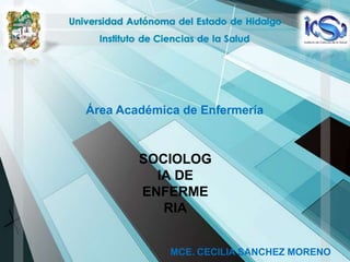 Área Académica de Enfermería
SOCIOLOG
IA DE
ENFERME
RIA
MCE. CECILIA SANCHEZ MORENO
 