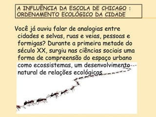 A INFLUÊNCIA DA ESCOLA DE CHICAGO :
ORDENAMENTO ECOLÓGICO DA CIDADE
Você já ouviu falar de analogias entre
cidades e selvas, ruas e veias, pessoas e
formigas? Durante a primeira metade do
século XX, surgiu nas ciências sociais uma
forma de compreensão do espaço urbano
como ecossistemas, um desenvolvimento
natural de relações ecológicas.
 