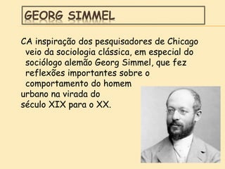 GEORG SIMMEL
CA inspiração dos pesquisadores de Chicago
veio da sociologia clássica, em especial do
sociólogo alemão Georg Simmel, que fez
reflexões importantes sobre o
comportamento do homem
urbano na virada do
século XIX para o XX.
 