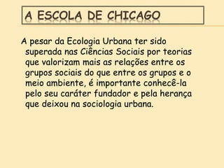 A ESCOLA DE CHICAGO
A pesar da Ecologia Urbana ter sido
superada nas Ciências Sociais por teorias
que valorizam mais as relações entre os
grupos sociais do que entre os grupos e o
meio ambiente, é importante conhecê-la
pelo seu caráter fundador e pela herança
que deixou na sociologia urbana.
 