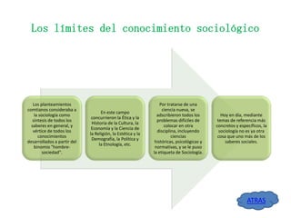 Los límites del conocimiento sociológico

Los planteamientos
comtianos consideraba a
la sociología como
síntesis de todos los
saberes en general, y
vértice de todos los
conocimientos
desarrollados a partir del
binomio "hombresociedad".

En este campo
concurrieron la Ética y la
Historia de la Cultura, la
Economía y la Ciencia de
la Religión, la Estética y la
Demografía, la Política y
la Etnología, etc.

Por tratarse de una
ciencia nueva, se
adscribieron todos los
problemas difíciles de
colocar en otra
disciplina, incluyendo
ciencias
históricas, psicológicas y
normativas, y se le puso
la etiqueta de Sociología.

Hoy en día, mediante
temas de referencia más
concretos y específicos, la
sociología no es ya otra
cosa que uno más de los
saberes sociales.

ATRAS

 