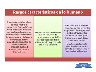 Rasgos característicos de lo humano
El contexto social en el que
se hace posible lo
humano, se "completa" con
otras cualidades añadidas
que explican el proceso de
hominización: capacidad del
lenguaje, mayor inteligencia
e idoneidad para el
aprendizaje, capacidad de
inhibición de los
impulsos, cualidad
creativa, sentido de la
libertad, etc.

Apenas existen casos en los
que un ser vivo esté
completamente solo. Así, los
grados de sociabilidad se
extienden a lo largo de toda
una escala continua.

Está claro que el hombre
evoluciona en dos vertientes
adaptativas: de la especie al
medio, a través de los
sistemas sociales; y del
individuo a la sociedad, a
través de la cultura.
La cultura conforma la
personalidad humana y
permite la supervivencia y
desarrollo del hombre.

ATRAS

 