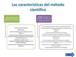 Las características del método
científico
Bertrand Russell
distingue tres etapas:

Bunge describe el
método científico de
la siguiente manera:

1.- Enunciar preguntas bien formuladas y verosímilmente fecundas.

a) observación de hechos
significativos;
b) sentar hipótesis para la explicación de los
hechos; y
c) deducir de estas hipótesis consecuencias que
puedan ser puestas a prueba por la observación. Si
las consecuencias son

2.- Arbitrar conjeturas, fundadas y contrastables con la experiencia, para
contestar a las
preguntas.
3.- Derivar consecuencias lógicas de las conjeturas.

4.- Arbitrar técnicas para someter las conjeturas a contrastación.
5.- Someter a su vez a contrastación esas técnicas para comprobar su
relevancia y la fe
que merecen.

verificadas, se acepta como
verdadera, provisionalmente, la hipótesis, con
posible modificación

7.- Estimar la pretensión de verdad de las conjeturas y la fidelidad de las
técnicas.

posterior como consecuencia de descubrimientos
ulteriores.

8.- Determinar los dominios en los cuales valen las conjeturas y las
técnicas, y formular

6.- Llevar a cabo la contrastación e interpretar sus resultados.

los nuevos problemas originados por la investigación.

ATRAS

 