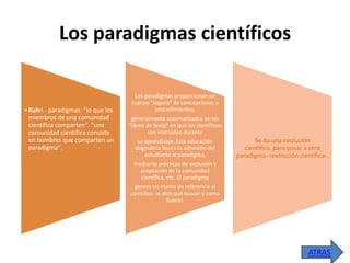 Los paradigmas científicos

• Kuhn.- paradigmas: "lo que los
miembros de una comunidad
científica comparten". "una
comunidad científica consiste
en hombres que comparten un
paradigma".

Los paradigmas proporcionan un
cuerpo "seguro" de concepciones y
procedimientos,
generalmente sistematizados en los
"libros de texto" en que los científicos
son instruidos durante
su aprendizaje. Esta educación
dogmática busca la adhesión del
estudiante al paradigma,

Se da una evolución
científica, para pasar a otro
paradigma -revolución científica-.

mediante prácticas de exclusión y
aceptación de la comunidad
científica, etc. El paradigma
genera un marco de referencia al
científico: le dice qué buscar y como
buscar.

ATRAS

 
