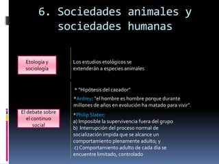6. Sociedades animales y
sociedades humanas
Etología y
sociología

Los estudios etológicos se
extenderán a especies animales

* “Hipótesis del cazador"

*Ardrey: "el hombre es hombre porque durante
millones de años en evolución ha matado para vivir".
El debate sobre
el continuo
social

*Philip Slater:
a) Imposible la supervivencia fuera del grupo
b) Interrupción del proceso normal de
socialización impida que se alcance un
comportamiento plenamente adulto; y
c) Comportamiento adulto de cada día se
encuentre limitado, controlado

 