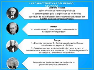 LAS CARACTERÍSTICAS DEL MÉTODO
CIENTÍFICO

Bertrand Russell
a) observación de hechos significativos
b) sentar hipótesis para la explicación de los hechos.
c) deducir de estas hipótesis consecuencias que puedan ser
puestas a prueba por la observación.

Merton
1.- universalismo 2.- comunismo 3.- desinterés 4.Escepticismo organizado

Bunge
1.- Enunciar preguntas 2.- Arbitrar conjeturas 3.- Derivar
consecuencias lógicas 4.- Arbitrar
5.- Someter a su vez a contrastación 6.- Llevar a cabo la
contrastación e interpretar sus resultados. 7.- Estimar la pretensión
de verdad 8.- Determinar los dominios.

Dimensiones fundamentales de la ciencia: la
práctica o empírica y la teórica.

 
