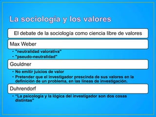 El debate de la sociología como ciencia libre de valores
Max Weber
• "neutralidad valorativa"
• "pseudo-neutralidad"

Gouldner
• No emitir juicios de valor
• Pretender que el investigador prescinda de sus valores en la
definición de un problema, en las líneas de investigación.

Duhrendorf
• “La psicología y la lógica del investigador son dos cosas
distintas"

 