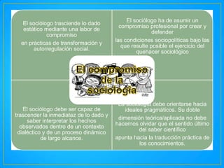 El sociólogo trasciende lo dado
estático mediante una labor de
compromiso
en prácticas de transformación y
autorregulación social.

El sociólogo ha de asumir un
compromiso profesional por crear y
defender
las condiciones sociopolíticas bajo las
que resulte posible el ejercicio del
quehacer sociológico

El sociólogo debe ser capaz de
trascender la inmediatez de lo dado y
saber interpretar los hechos
observados dentro de un contexto
dialéctico y de un proceso dinámico
de largo alcance.

La sociología debe orientarse hacia
ideales pragmáticos. Su doble
dimensión teórica/aplicada no debe
hacernos olvidar que el sentido último
del saber científico
apunta hacia la traducción práctica de
los conocimientos.

 