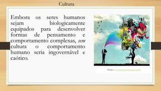 Cultura
Embora os seres humanos
sejam biologicamente
equipados para desenvolver
formas de pensamento e
comportamento complexas, sem
cultura o comportamento
humano seria ingovernável e
caótico.
Fonte:www.ideiademarketing.com.br
 