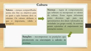 Cultura
Valores – crenças compartilhadas
acerca dos fins ou objetivos para
os quais a ação humana deve se
orientar. Os valores definem o
que é importante, válido e
desejável.
Normas – regras de comportamento
que refletem ou incorporam os valores
da cultura. Essas regras informam
como devemos agir para nos
aproximarmos dos ideais valorizados na
sociedade (ou grupo social). As normas
geram expectativas de comportamento nas
interações sociais.
Sanções – recompensas ou punições que
promovem ou encorajam a adesão às
normas.
 