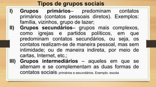 Tipos de grupos sociais
I) Grupos primários– predominam contatos
primários (contatos pessoais diretos). Exemplos:
família, vizinhos, grupo de lazer;
II) Grupos secundários– grupos mais complexos,
como igrejas e partidos políticos, em que
predominam contatos secundários, ou seja, os
contatos realizam-se de maneira pessoal, mas sem
intimidade; ou de maneira indireta, por meio de
cartas, Internet, etc.;
III) Grupos intermediários – aqueles em que se
alternam e se complementam as duas formas de
contatos sociais: primários e secundários. Exemplo: escola
 