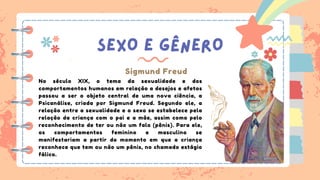 SEXO E GÊNERO
Sigmund Freud
No século XIX, o tema da sexualidade e dos
comportamentos humanos em relação a desejos e afetos
passou a ser o objeto central de uma nova ciência, a
Psicanálise, criada por Sigmund Freud. Segundo ele, a
relação entre a sexualidade e o sexo se estabelece pela
relação da criança com o pai e a mãe, assim como pelo
reconhecimento de ter ou não um falo (pênis). Para ele,
os comportamentos feminino e masculino se
manifestariam a partir do momento em que a criança
reconhece que tem ou não um pênis, no chamado estágio
fálico.
 