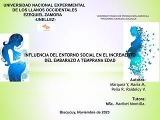 UNIVERSIDAD NACIONAL EXPERIMENTAL
DE LOS LLANOS OCCIDENTALES
EZEQUIEL ZAMORA
-UNELLEZ-
INFLUENCIA DEL ENTORNO SOCIAL EN EL INCREMENTO
DEL EMBARAZO A TEMPRANA EDAD
Biscucuy, Noviembre de 2023
VICERRECTORADO DE PRODUCCIÓN AGRÍCOLA
PROGRAMA CIENCIAS SOCIALES
Autoras:
Márquez Y, María M,
Peña R. Raidelcy V.
Tutora:
MSc. Maribel Montilla.
 