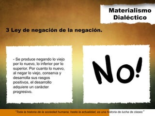 Materialismo
Dialéctico
3 Ley de negación de la negación.

-  Se produce negando lo viejo
por lo nuevo, lo inferior por lo
superior. Por cuanto lo nuevo,
al negar lo viejo, conserva y
desarrolla sus rasgos
positivos, el desarrollo
adquiere un carácter
progresivo.

Toda la historia de la sociedad humana, hasta la actualidad, es una historia de lucha de clases

 