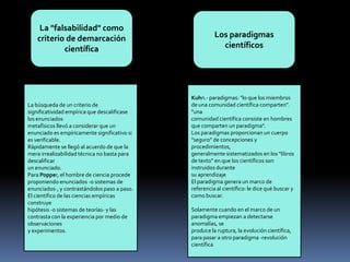 La "falsabilidad" como
criterio de demarcación
científica

La búsqueda de un criterio de
significatividad empírica que descalificase
los enunciados
metafísicos llevó a considerar que un
enunciado es empíricamente significativo si
es verificable.
Rápidamente se llegó al acuerdo de que la
mera irrealizabilidad técnica no basta para
descalificar
un enunciado.
Para Popper, el hombre de ciencia procede
proponiendo enunciados -o sistemas de
enunciados-, y contrastándolos paso a paso.
El científico de las ciencias empíricas
construye
hipótesis -o sistemas de teorías- y las
contrasta con la experiencia por medio de
observaciones
y experimentos.

Los paradigmas
científicos

Kuhn.- paradigmas: "lo que los miembros
de una comunidad científica comparten".
"una
comunidad científica consiste en hombres
que comparten un paradigma".
Los paradigmas proporcionan un cuerpo
"seguro" de concepciones y
procedimientos,
generalmente sistematizados en los "libros
de texto" en que los científicos son
instruidos durante
su aprendizaje
El paradigma genera un marco de
referencia al científico: le dice qué buscar y
como buscar.
Solamente cuando en el marco de un
paradigma empiezan a detectarse
anomalías, se
produce la ruptura, la evolución científica,
para pasar a otro paradigma -revolución
científica

 