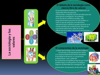 La sociología y los
valores

El debate de la sociología como
ciencia libre de valores
El reconocimiento científico exige disposición a la
objetividad, libre de prejuicios,
inclinaciones y simpatías a la hora de seleccionar los
datos para la investigación. Sin embargo,
en el caso de los científicos sociales, cabe
preguntarse hasta qué punto es esto posible. Lo
cierto es que los prejuicios y los elementos
valorativos extra-científicos pueden penetrar en el
mundo científico de muchas formas: elección de
unos temas sobre otros, redes de control,
influencias de escuelas, mecanismos de exclusión y
ostracismo, etc.

El compromiso de la sociología
La labor del sociólogo como científico objetivo,
no se limita a una representación neutra
y no comprometida de los hechos estudiados
el sociólogo ha de asumir un compromiso
profesional por crear y defender
las condiciones sociopolíticas bajo las que resulte
posible el ejercicio del quehacer sociológico
(régimen de libertades de investigación, de
pensamiento, de expresión, de discusión, etc.).

 