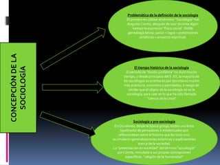 CONCEPCIÓN DE LA
SOCIOLOGÍA

Problemática de la definición de la sociología
El primero en utilizar el término "Sociología" fue
Augusto Comte, después de usar durante algún
tiempo la expresión "física social". Doble
genealogía latina: socius + logos = pretensiones
sintéticas + proyecto espiritual.

El tiempo histórico de la sociología
El período de "ilusión profética" no duró mucho
tiempo, y desde principios del S. XX, la mayoría de
los sociólogos se orientarán por derroteros mucho
más prácticos, concretos y parcelados, a riesgo de
olvidar que el objeto de la sociología no es la
sociología, para caer en lo que ha sido llamada
"ciencia de la crisis"

Sociología y pre-sociología
En Occidente, desde la época griega, existe una línea
(quebrada) de pensadores e intelectuales que
reflexionaban sobre la historia que les tocó vivir,
acumularon generalizaciones empíricas y explicaciones
acerca de la sociedad.
La "presentación en sociedad" del término "sociología"
por Comte, vinculada a sus propias concepciones
específicas -"religión de la humanidad"

 