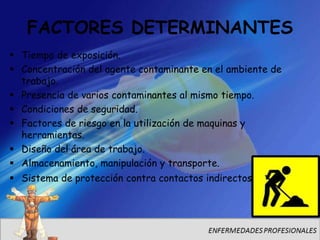 FACTORES DETERMINANTES
 Tiempo de exposición.
 Concentración del agente contaminante en el ambiente de
  trabajo.
 Presencia de varios contaminantes al mismo tiempo.
 Condiciones de seguridad.
 Factores de riesgo en la utilización de maquinas y
  herramientas.
 Diseño del área de trabajo.
 Almacenamiento, manipulación y transporte.
 Sistema de protección contra contactos indirectos.
 