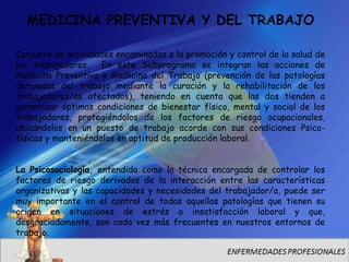 MEDICINA PREVENTIVA Y DEL TRABAJO

Conjunto de actividades encaminadas a la promoción y control de la salud de
los trabajadores. En este Subprograma se integran las acciones de
Medicina Preventiva y Medicina del Trabajo (prevención de las patologías
derivadas del trabajo mediante la curación y la rehabilitación de los
trabajadores/as afectados), teniendo en cuenta que las dos tienden a
garantizar óptimas condiciones de bienestar físico, mental y social de los
trabajadores, protegiéndolos de los factores de riesgo ocupacionales,
ubicándolos en un puesto de trabajo acorde con sus condiciones Psico-
físicas y manteniéndolos en aptitud de producción laboral.


La Psicosociología, entendida como la técnica encargada de controlar los
factores de riesgo derivados de la interacción entre las características
organizativas y las capacidades y necesidades del trabajador/a, puede ser
muy importante en el control de todas aquellas patologías que tienen su
origen en situaciones de estrés o insatisfacción laboral y que,
desgraciadamente, son cada vez más frecuentes en nuestros entornos de
trabajo.
 